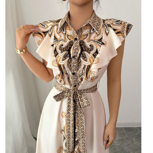 Boho Paisley Print Butterfly Sleeve Button Down Belted Maxi Dress - Picture 4 of 5